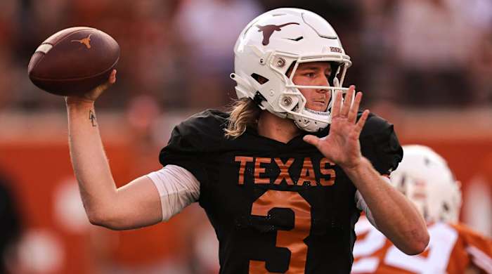 Texas quarterback Quinn Ewers (3) throws a pass during Texas’s annual spring football game at Royal Memorial Stadium in Austin, Texas on April 23, 2022.